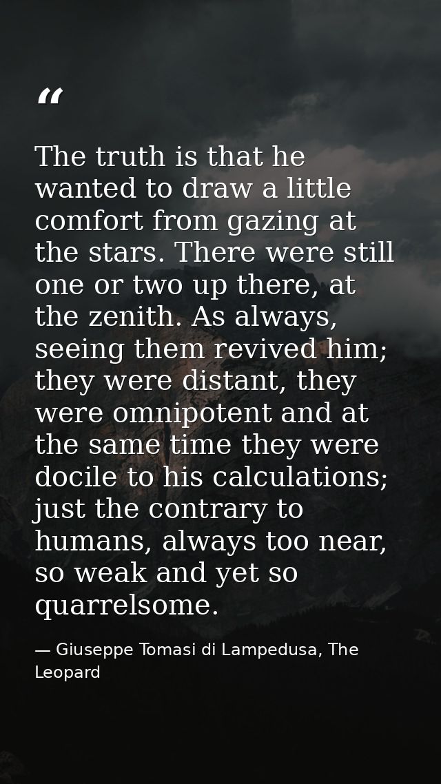 The truth is that he wanted to draw a little comfort from gazing at the stars. There were still one or two up there, at  — Giuseppe Tomasi di Lampedusa, The Leopard