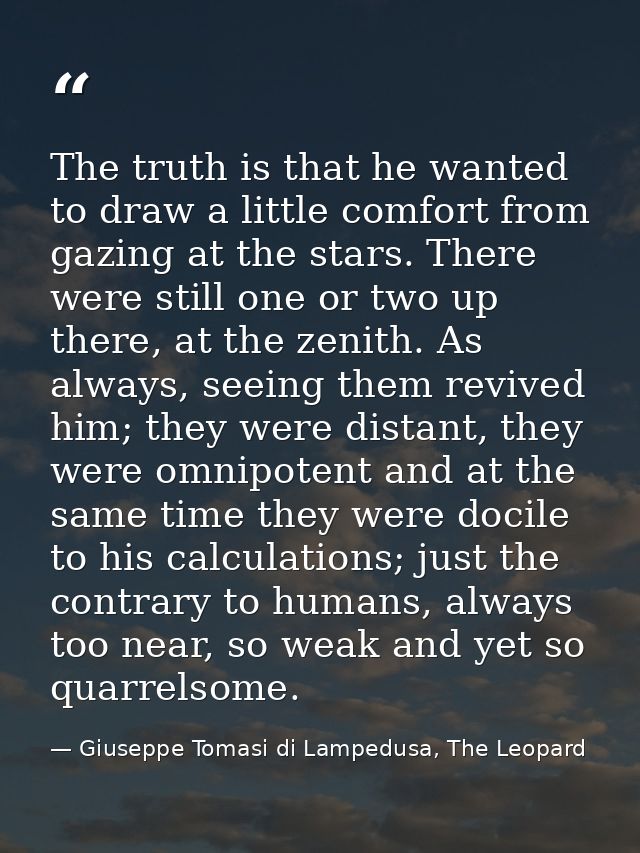 The truth is that he wanted to draw a little comfort from gazing at the stars. There were still one or two up there, at  — Giuseppe Tomasi di Lampedusa, The Leopard