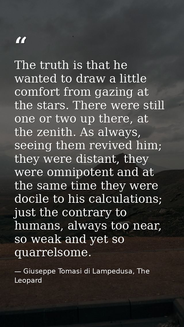 The truth is that he wanted to draw a little comfort from gazing at the stars. There were still one or two up there, at  — Giuseppe Tomasi di Lampedusa, The Leopard