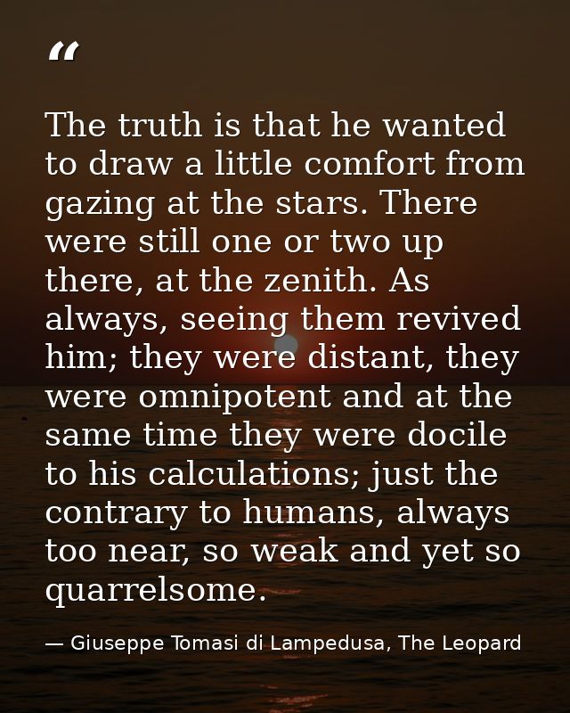 The truth is that he wanted to draw a little comfort from gazing at the stars. There were still one or two up there, at  — Giuseppe Tomasi di Lampedusa, The Leopard