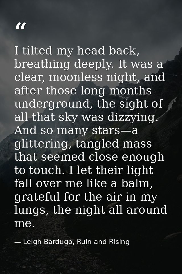 I tilted my head back, breathing deeply. It was a clear, moonless night, and after those long months underground, the si — Leigh Bardugo, Ruin and Rising