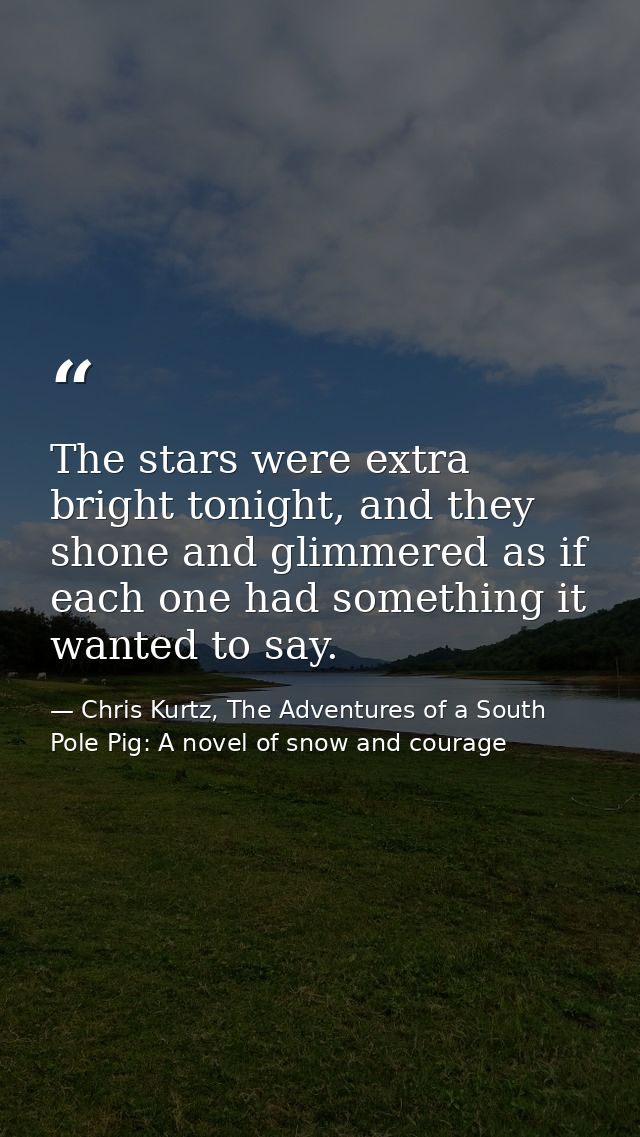 The stars were extra bright tonight, and they shone and glimmered as if each one had something it wanted to say. — Chris Kurtz, The Adventures of a South Pole Pig: A novel of snow and courage