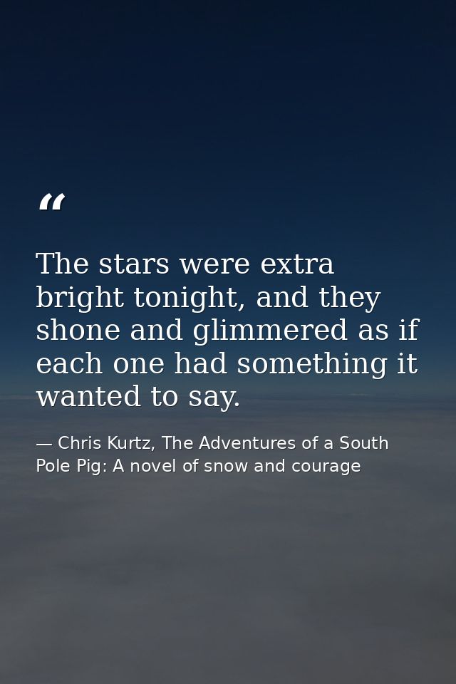 The stars were extra bright tonight, and they shone and glimmered as if each one had something it wanted to say. — Chris Kurtz, The Adventures of a South Pole Pig: A novel of snow and courage