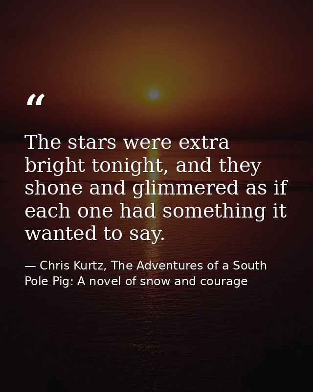 The stars were extra bright tonight, and they shone and glimmered as if each one had something it wanted to say. — Chris Kurtz, The Adventures of a South Pole Pig: A novel of snow and courage