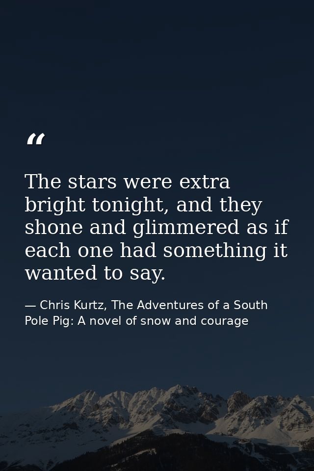 The stars were extra bright tonight, and they shone and glimmered as if each one had something it wanted to say. — Chris Kurtz, The Adventures of a South Pole Pig: A novel of snow and courage