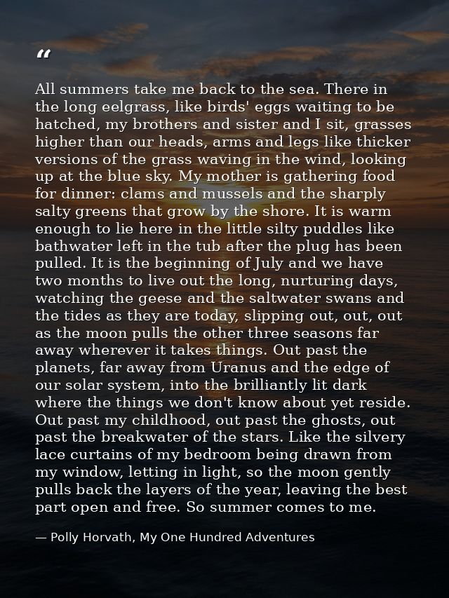 All summers take me back to the sea. There in the long eelgrass, like birds' eggs waiting to be hatched, my brothers and — Polly Horvath, My One Hundred Adventures