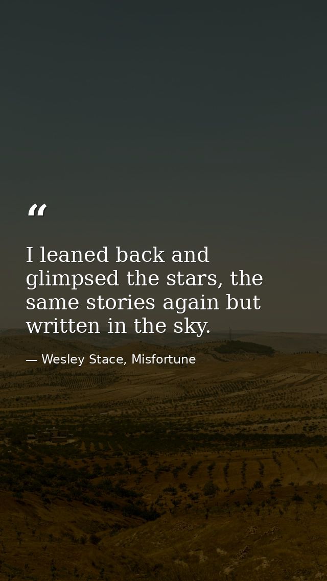 I leaned back and glimpsed the stars, the same stories again but written in the sky. — Wesley Stace, Misfortune