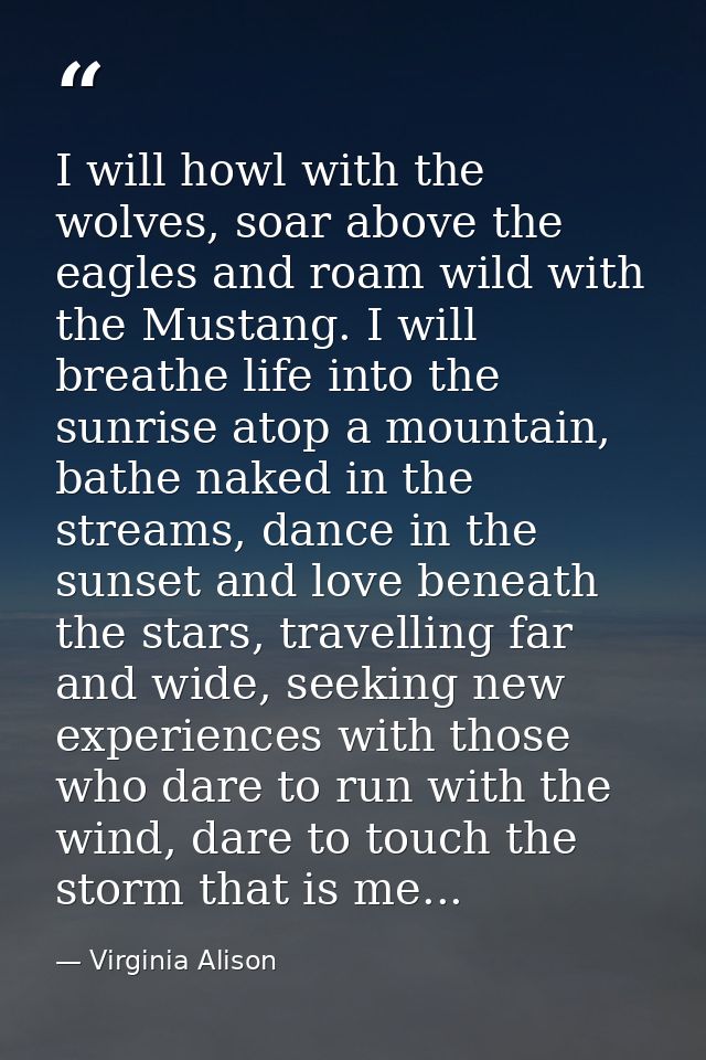 I will howl with the wolves, soar above the eagles and roam wild with the Mustang. I will breathe life into the sunrise  — Virginia Alison