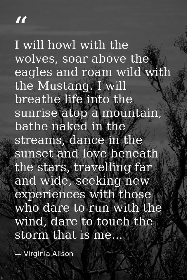 I will howl with the wolves, soar above the eagles and roam wild with the Mustang. I will breathe life into the sunrise  — Virginia Alison