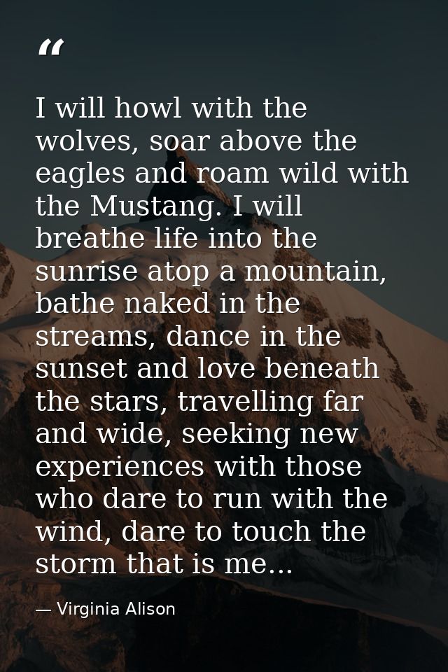 I will howl with the wolves, soar above the eagles and roam wild with the Mustang. I will breathe life into the sunrise  — Virginia Alison
