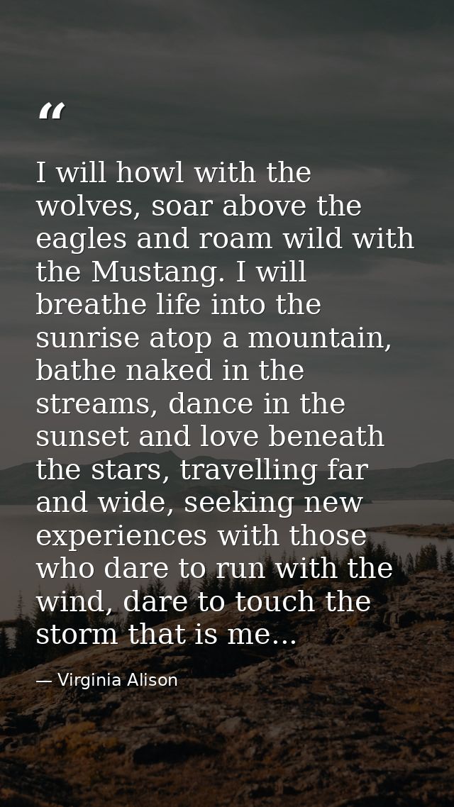 I will howl with the wolves, soar above the eagles and roam wild with the Mustang. I will breathe life into the sunrise  — Virginia Alison