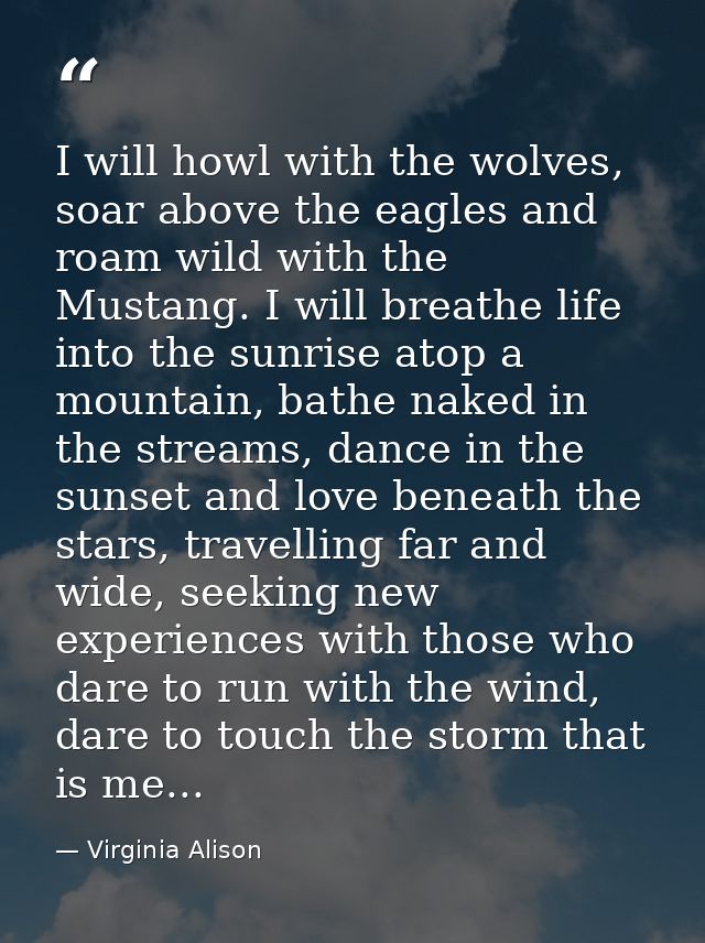 I will howl with the wolves, soar above the eagles and roam wild with the Mustang. I will breathe life into the sunrise  — Virginia Alison