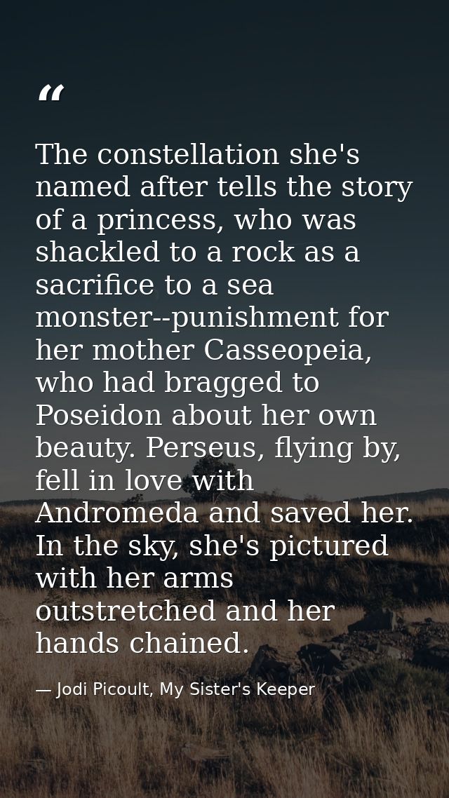 The constellation she's named after tells the story of a princess, who was shackled to a rock as a sacrifice to a sea mo — Jodi Picoult, My Sister's Keeper