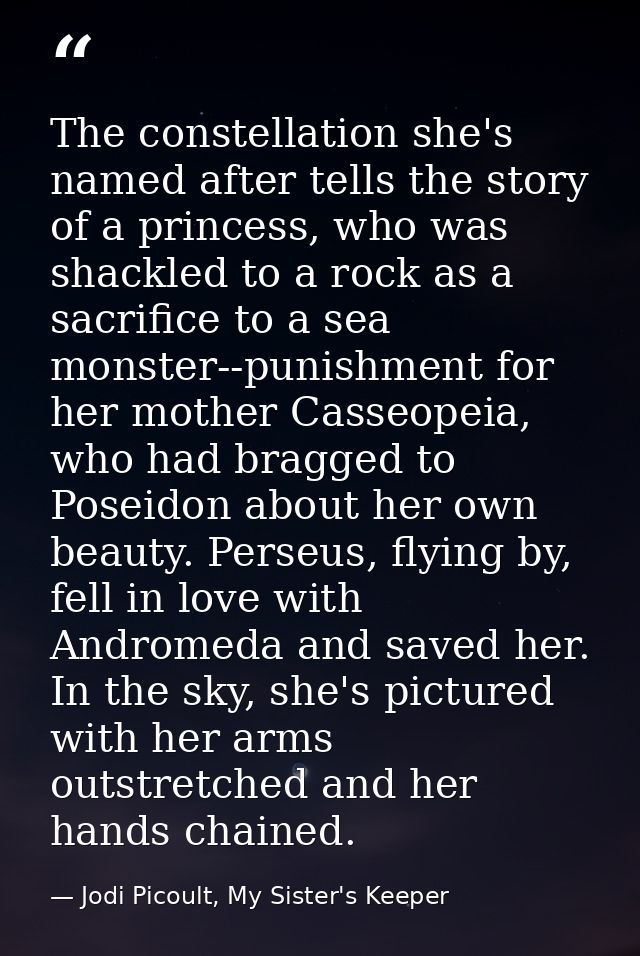 The constellation she's named after tells the story of a princess, who was shackled to a rock as a sacrifice to a sea mo — Jodi Picoult, My Sister's Keeper