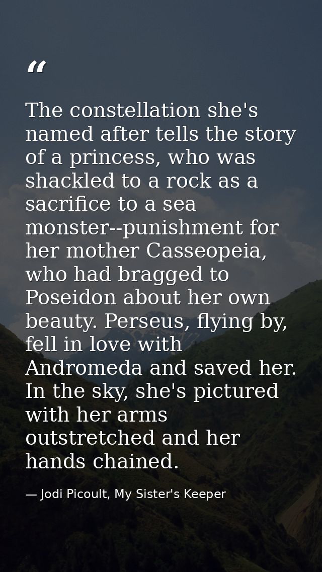 The constellation she's named after tells the story of a princess, who was shackled to a rock as a sacrifice to a sea mo — Jodi Picoult, My Sister's Keeper