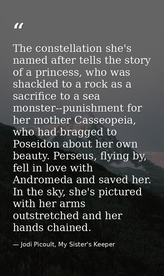 The constellation she's named after tells the story of a princess, who was shackled to a rock as a sacrifice to a sea mo — Jodi Picoult, My Sister's Keeper