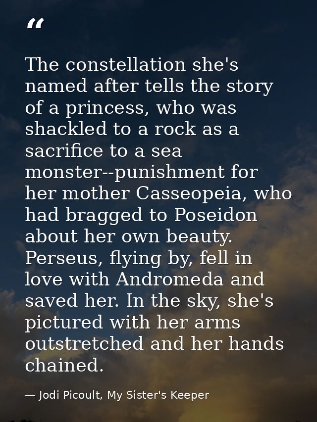 The constellation she's named after tells the story of a princess, who was shackled to a rock as a sacrifice to a sea mo — Jodi Picoult, My Sister's Keeper