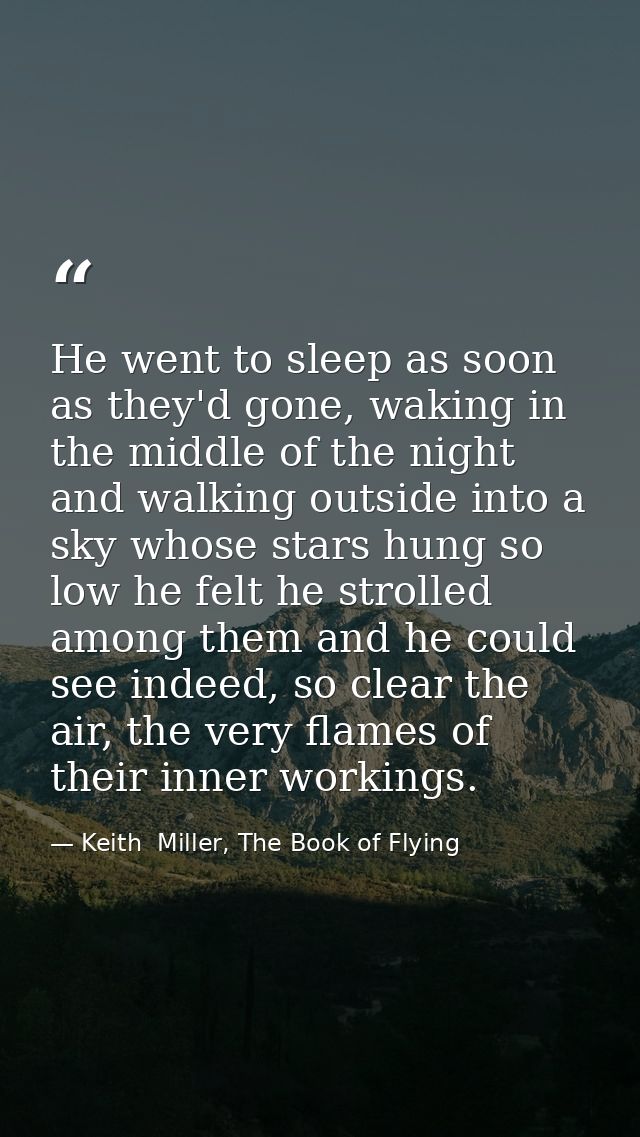 He went to sleep as soon as they'd gone, waking in the middle of the night and walking outside into a sky whose stars hu — Keith  Miller, The Book of Flying