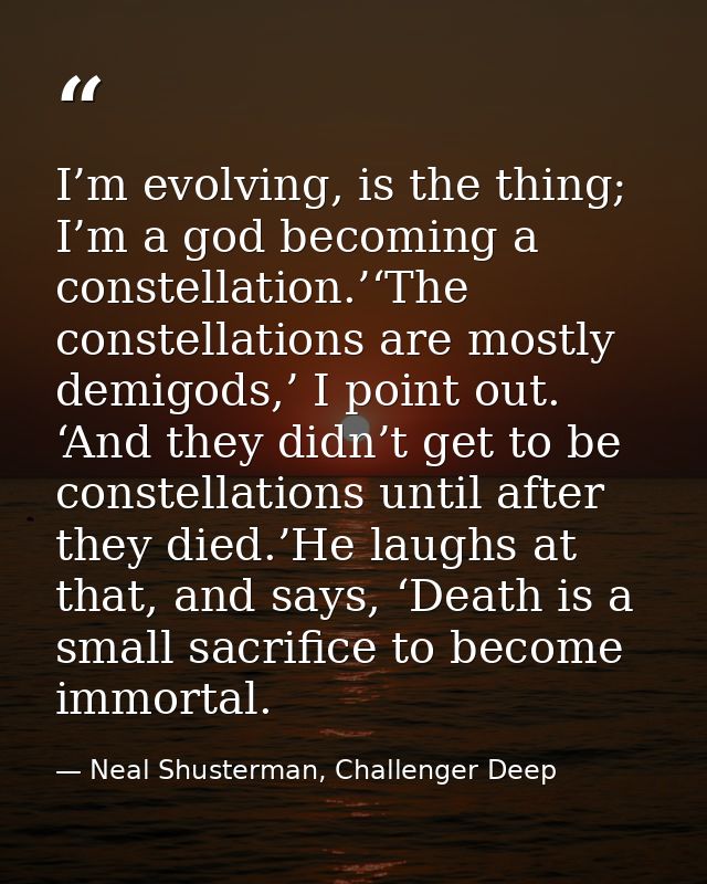 I’m evolving, is the thing; I’m a god becoming a constellation.’‘The constellations are mostly demigods,’ I point out. ‘ — Neal Shusterman, Challenger Deep