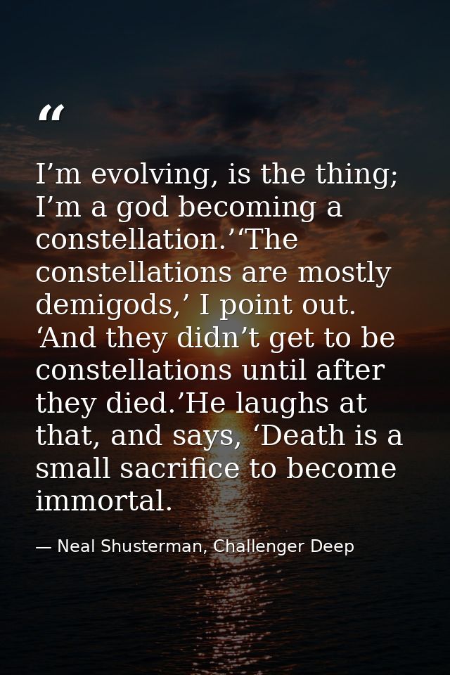 I’m evolving, is the thing; I’m a god becoming a constellation.’‘The constellations are mostly demigods,’ I point out. ‘ — Neal Shusterman, Challenger Deep