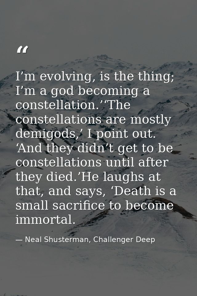 I’m evolving, is the thing; I’m a god becoming a constellation.’‘The constellations are mostly demigods,’ I point out. ‘ — Neal Shusterman, Challenger Deep