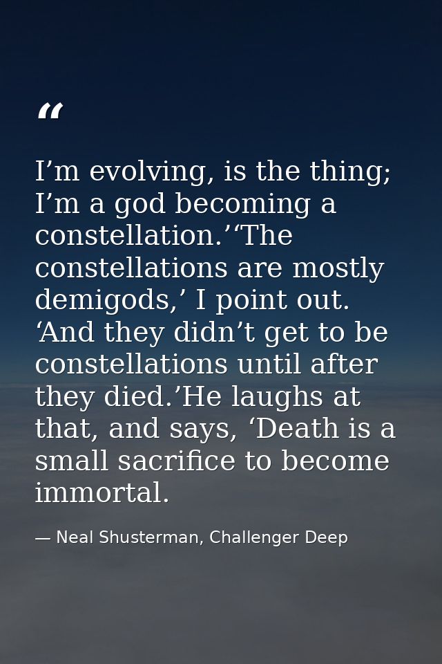 I’m evolving, is the thing; I’m a god becoming a constellation.’‘The constellations are mostly demigods,’ I point out. ‘ — Neal Shusterman, Challenger Deep