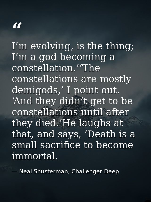 I’m evolving, is the thing; I’m a god becoming a constellation.’‘The constellations are mostly demigods,’ I point out. ‘ — Neal Shusterman, Challenger Deep