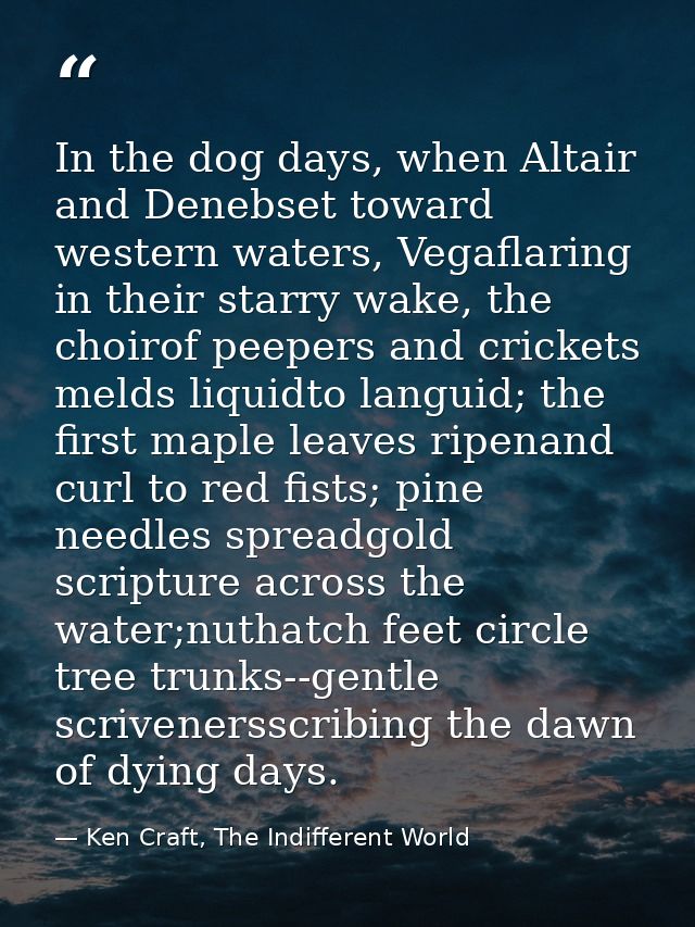 In the dog days, when Altair and Denebset toward western waters, Vegaflaring in their starry wake, the choirof peepers a — Ken Craft, The Indifferent World
