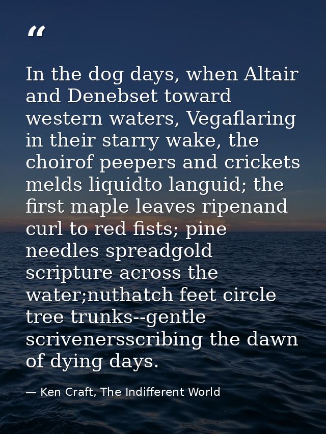 In the dog days, when Altair and Denebset toward western waters, Vegaflaring in their starry wake, the choirof peepers a — Ken Craft, The Indifferent World