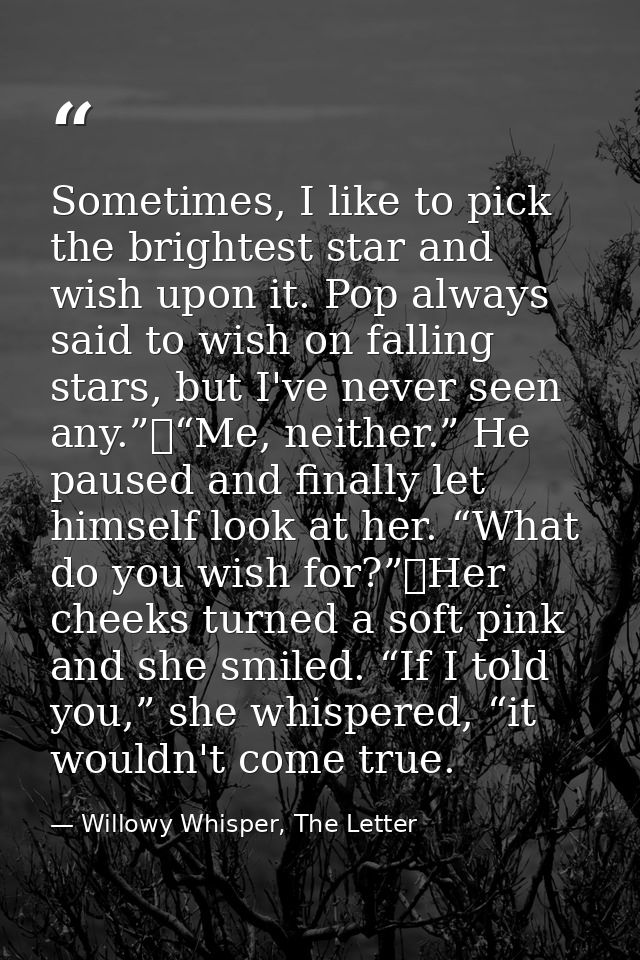 Sometimes, I like to pick the brightest star and wish upon it. Pop always said to wish on falling stars, but I've never  — Willowy Whisper, The Letter