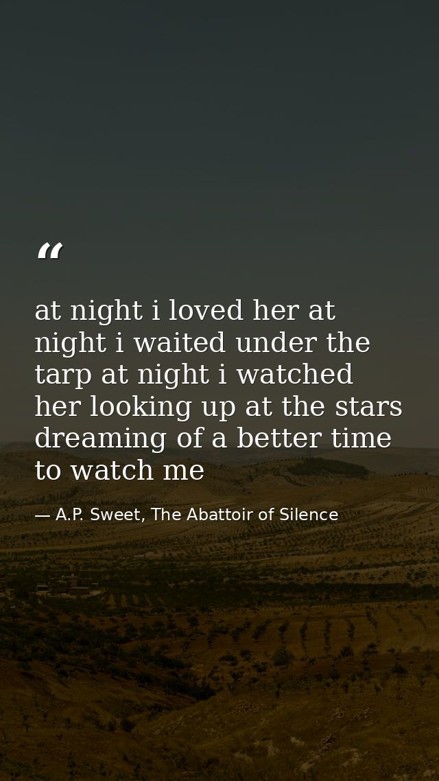at night i loved her at night i waited under the tarp at night i watched her looking up at the stars dreaming of a bette — A.P. Sweet, The Abattoir of Silence