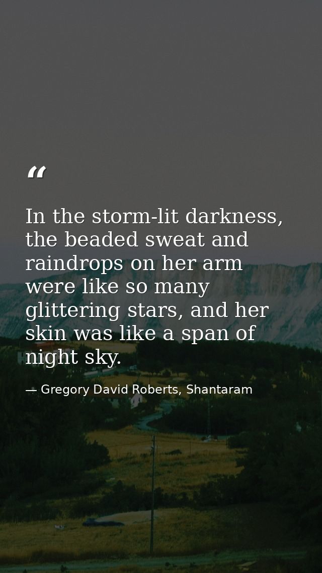 In the storm-lit darkness, the beaded sweat and raindrops on her arm were like so many glittering stars, and her skin wa — Gregory David Roberts, Shantaram