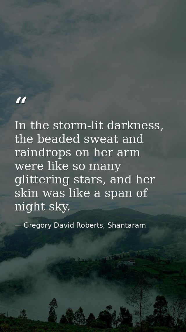 In the storm-lit darkness, the beaded sweat and raindrops on her arm were like so many glittering stars, and her skin wa — Gregory David Roberts, Shantaram