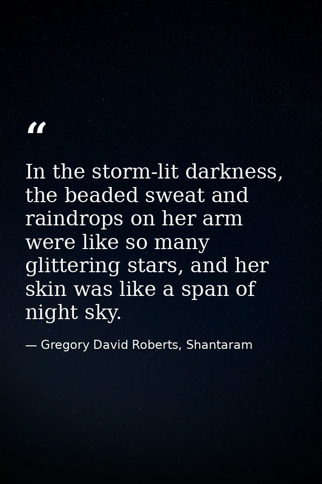 In the storm-lit darkness, the beaded sweat and raindrops on her arm were like so many glittering stars, and her skin wa — Gregory David Roberts, Shantaram