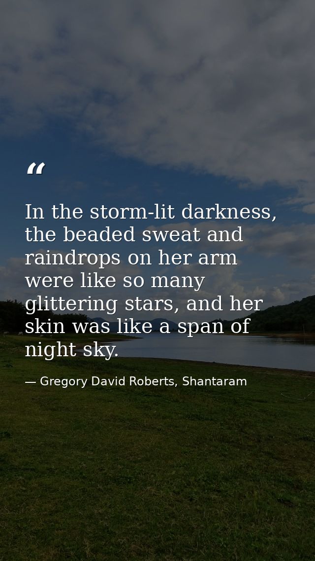 In the storm-lit darkness, the beaded sweat and raindrops on her arm were like so many glittering stars, and her skin wa — Gregory David Roberts, Shantaram
