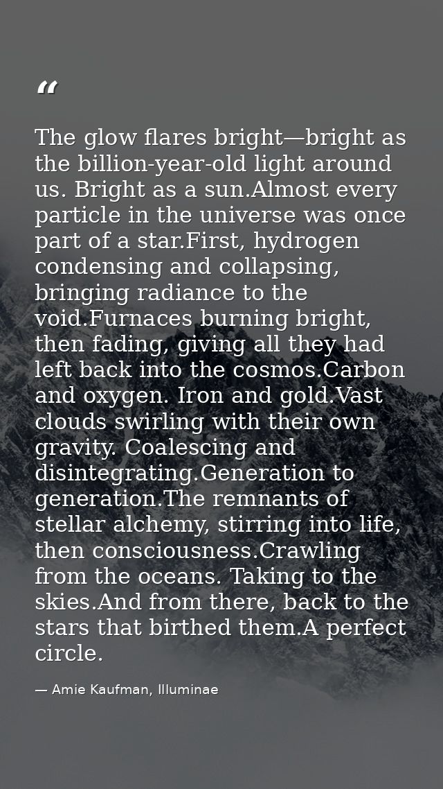The glow flares bright—bright as the billion-year-old light around us. Bright as a sun.Almost every particle in the univ — Amie Kaufman, Illuminae