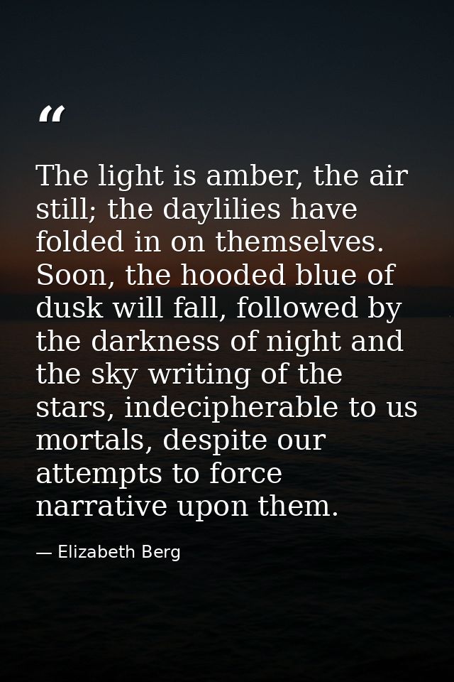 The light is amber, the air still; the daylilies have folded in on themselves. Soon, the hooded blue of dusk will fall,  — Elizabeth Berg
