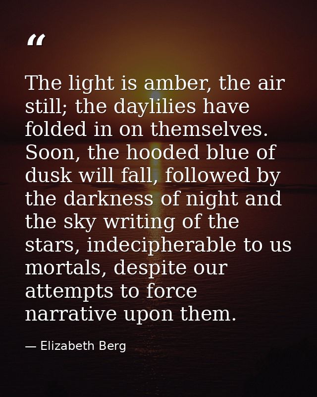 The light is amber, the air still; the daylilies have folded in on themselves. Soon, the hooded blue of dusk will fall,  — Elizabeth Berg
