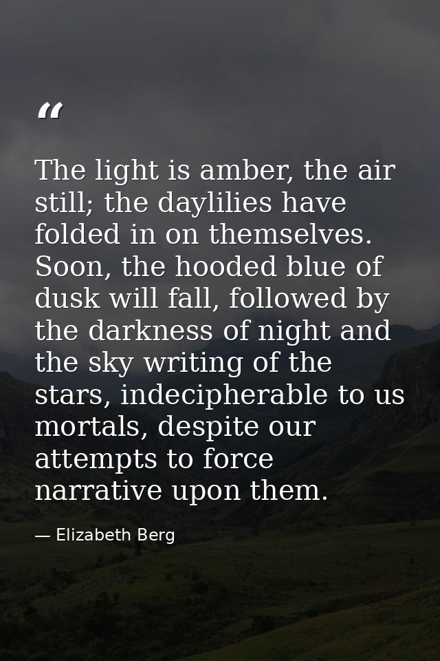 The light is amber, the air still; the daylilies have folded in on themselves. Soon, the hooded blue of dusk will fall,  — Elizabeth Berg