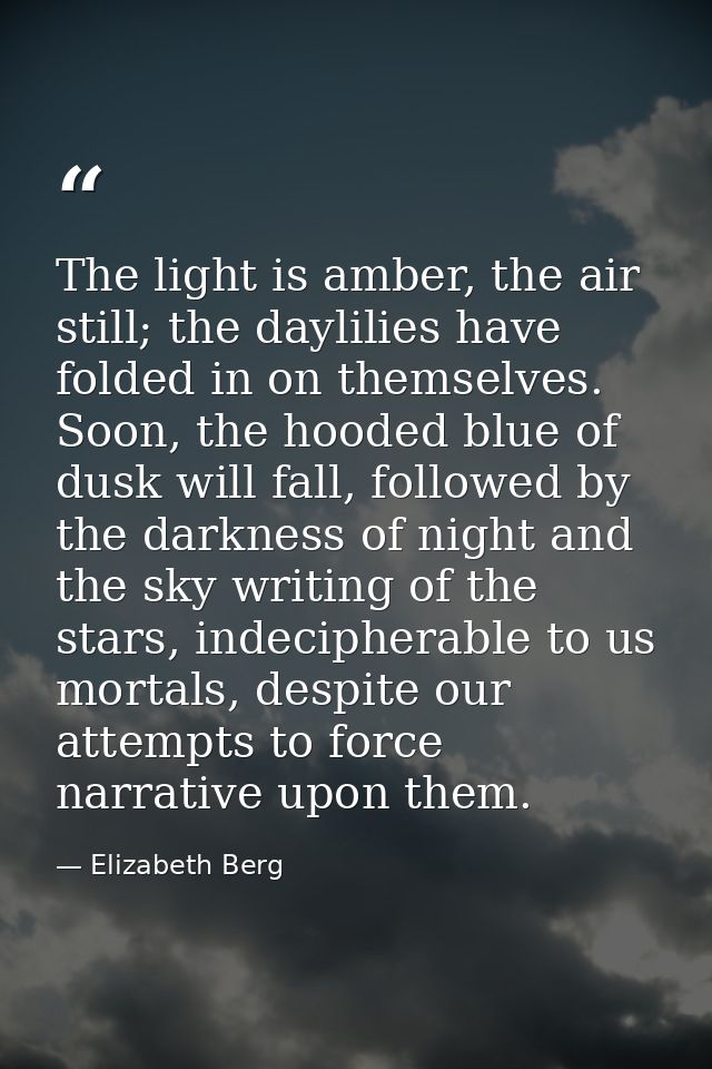 The light is amber, the air still; the daylilies have folded in on themselves. Soon, the hooded blue of dusk will fall,  — Elizabeth Berg