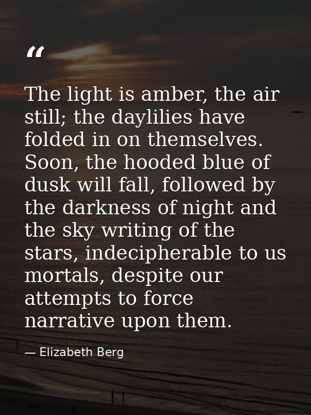 The light is amber, the air still; the daylilies have folded in on themselves. Soon, the hooded blue of dusk will fall,  — Elizabeth Berg