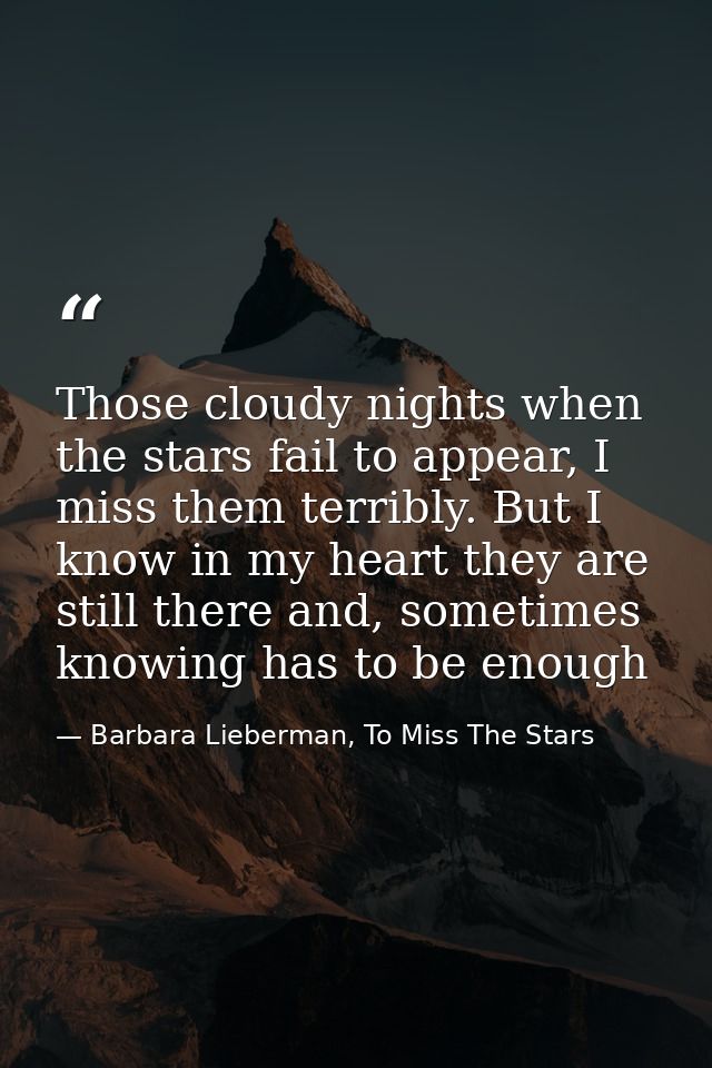 Those cloudy nights when the stars fail to appear, I miss them terribly. But I know in my heart they are still there and — Barbara Lieberman, To Miss The Stars