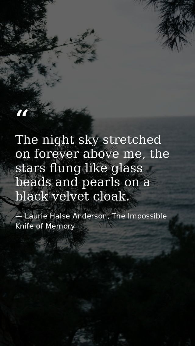 The night sky stretched on forever above me, the stars flung like glass beads and pearls on a black velvet cloak. — Laurie Halse Anderson, The Impossible Knife of Memory
