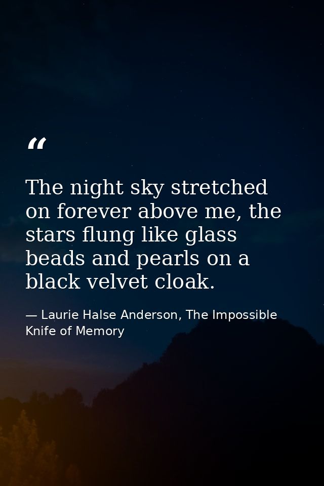 The night sky stretched on forever above me, the stars flung like glass beads and pearls on a black velvet cloak. — Laurie Halse Anderson, The Impossible Knife of Memory