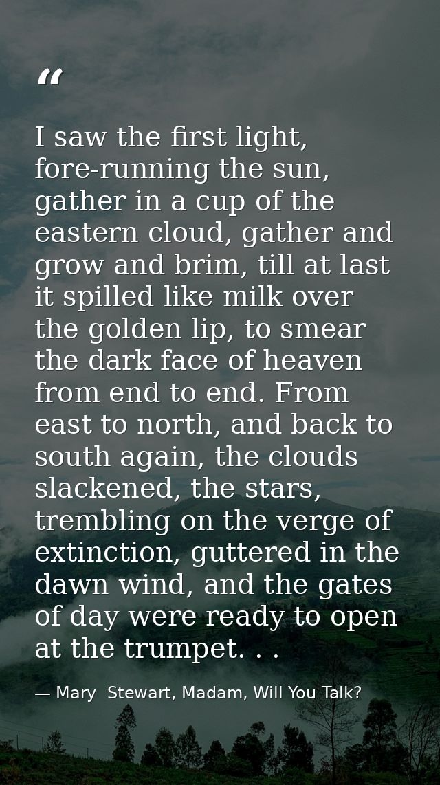 I saw the first light, fore-running the sun, gather in a cup of the eastern cloud, gather and grow and brim, till at las — Mary  Stewart, Madam, Will You Talk?