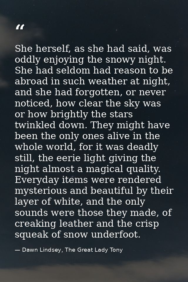 She herself, as she had said, was oddly enjoying the snowy night. She had seldom had reason to be abroad in such weather — Dawn Lindsey, The Great Lady Tony