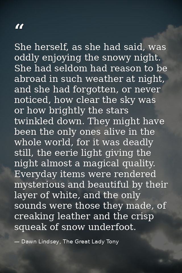 She herself, as she had said, was oddly enjoying the snowy night. She had seldom had reason to be abroad in such weather — Dawn Lindsey, The Great Lady Tony