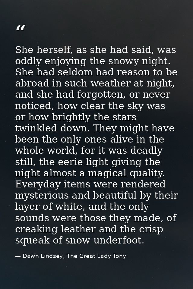 She herself, as she had said, was oddly enjoying the snowy night. She had seldom had reason to be abroad in such weather — Dawn Lindsey, The Great Lady Tony