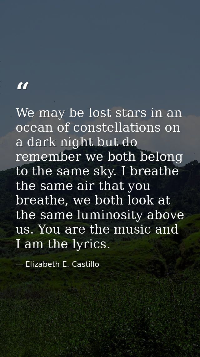 We may be lost stars in an ocean of constellations on a dark night but do remember we both belong to the same sky. I bre — Elizabeth E. Castillo