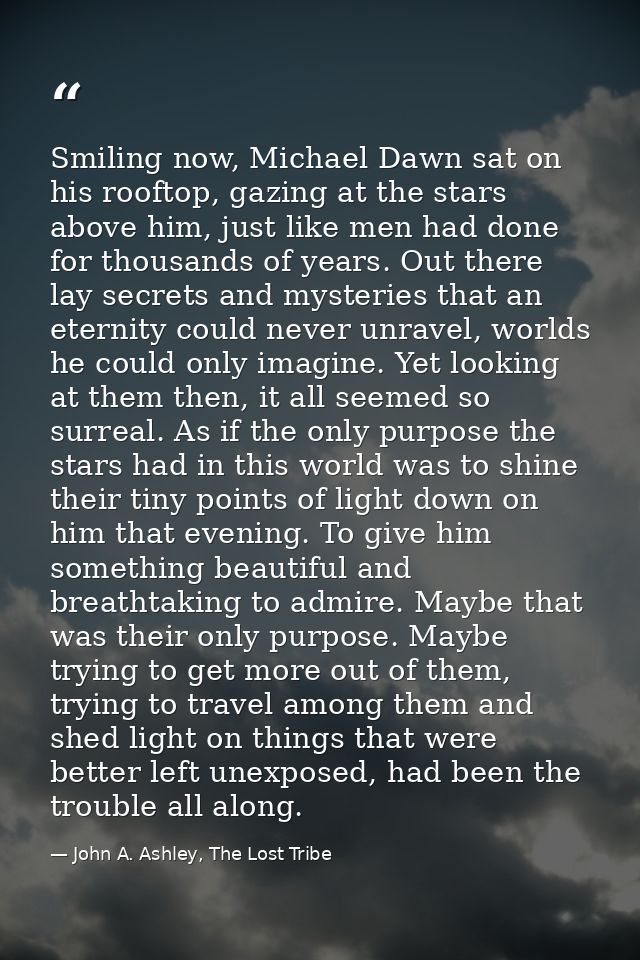 Smiling now, Michael Dawn sat on his rooftop, gazing at the stars above him, just like men had done for thousands of yea — John A. Ashley, The Lost Tribe